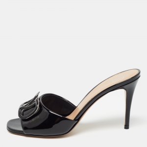 Valentino Black Patent Leather VLogo Slide Sandals Size 38