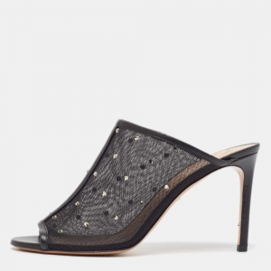 Pre Owned Valentino Black Mesh Crystal Embellished Open Toe Mules Size 39