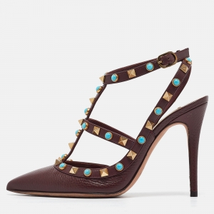 Pre Owned Valentino Burgundy Leather Rockstud Strappy Pointed Toe Pumps Size 36