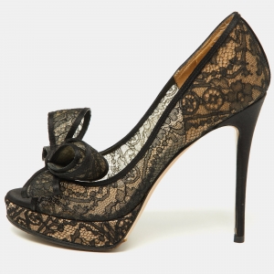 Pre Owned Valentino Black Lace Bow Peep Toe Platform Pumps Size 36.5