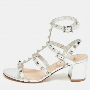 Pre Owned Valentino Silver Leather Rockstud Strappy Block Heel Sandals Size 36