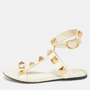 Pre Owned Valentino Cream Leather Roman Stud Ankle Strap Sandals Size 38.5