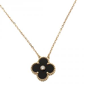 Pre Owned Van Cleef & Arpels Vintage Alhambra Diamond Onyx 18k Rose Gold Pendant Necklace