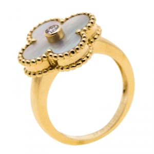 Van Cleef & Arpels Vintage Alhambra Diamond Mother of Pearl 18k Yellow Gold Ring Size 47