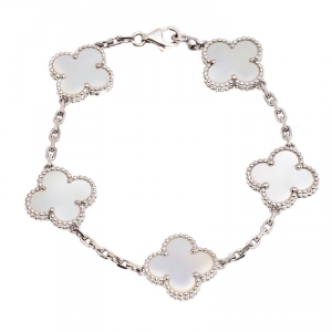 Pre Owned Van Cleef & Arpels Vintage Alhambra 5 Motif Mother Of Pearl 18K White Gold Bracelet