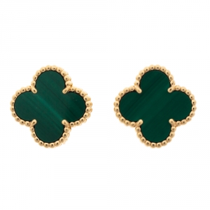 مملوكة مسبقًا Van Cleef & Arpels Vintage Alhambra Malachite 18K Yellow Gold Stud Earrings