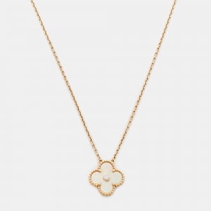 Pre Owned Van Cleef & Arpels Vintage Alhambra Golden Mother of Pearl Diamond 18k Yellow Gold Necklace