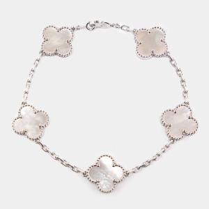 Pre Owned Van Cleef & Arpels Vintage Alhambra Mother of Pearl 18k White Gold 5 Motif Station Bracelet