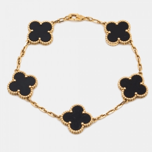Van Cleef & Arpels Vintage Alhambra 5 Motif Onyx 18k Yellow Gold Station Bracelet