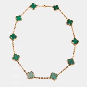 Pre Owned Van Cleef & Arpels Vintage Alhambra Malachite 18k Yellow Gold 10 Motif Station Necklace
