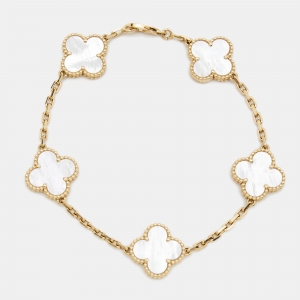 Van Cleef & Arpels Vintage Alhambra Mother of Pearl 18k Yellow Gold Station Bracelet