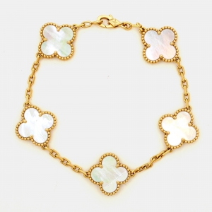 مملوكة مسبقًا Van Cleef & Arpels Vintage Alhambra Mother of Pearl 18k Yellow Gold 5 Motif Station Bracelet