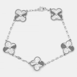 مملوكة مسبقًا Van Cleef & Arpels Vintage Alhambra Guilloché 5 Motif 18K White Gold Station Bracelet
