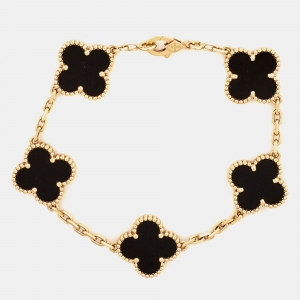 Pre Owned Van Cleef & Arpels Vintage Alhambra Onyx 18k Yellow Gold 5 Motif Station Bracelet