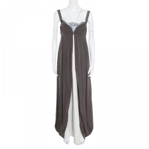Vera Wang Grey and Cream Silk Lace Trimmed Sleeveless Evening Gown M