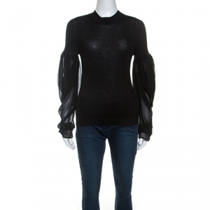 Vera Wang Black Silk Blend Rib Knit Top L