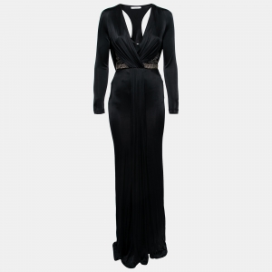 Versace Collection Black Jersey Stud Embellished Pleated Gown S 
