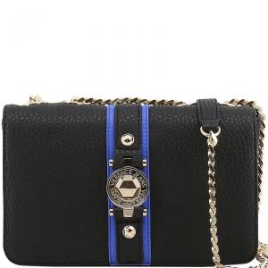 Versace Jeans Black Pebbled Leather Chain Flap Bag