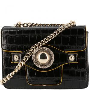 Versace Jeans Black Croc Embosed Leather Chain Crossbody Bag