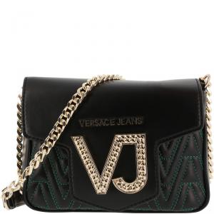 Versace Jeans Black Signature Leather Chain Crossbody Bag