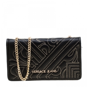 Versace Jeans Black Quilted Faux Leather Chain Clutch Bag
