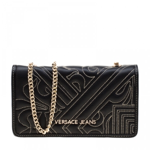 Versace Jeans Black Quilted Faux Leather Chain Clutch Bag