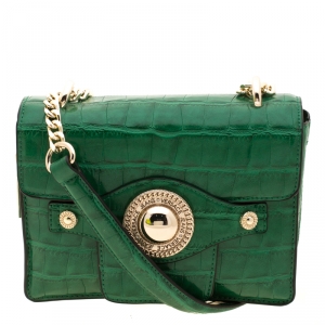 Versace Jeans Green Croc Embosed Faux Leather Chain Crossbody Bag