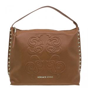 Versace Jeans Brown Pebbled Leather Crystal Studs Hobo