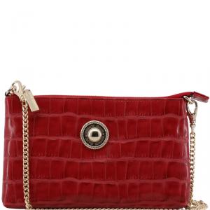 Versace Jeans Red Croc Embossed Leather Chain Pochette Accessories