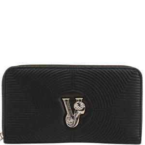 Versace Jeans Black Quilted Faux Leather Zip Around Wallet