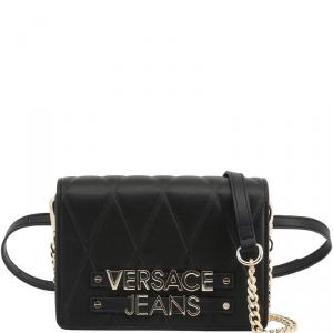 Versace Jeans Black Quilted Faux Leather Crossbody Bag