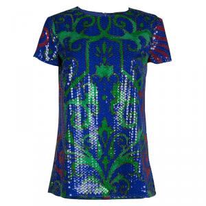 Pre Owned Versace Multicolor Sequin Embellished Short Sleeve Top M