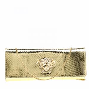 Pre Owned Versace Gold Snake Embossed Leather Chain Clutch