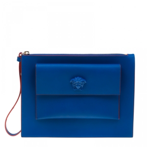 Pre Owned Versace Blue Leather Wristlet Clutch