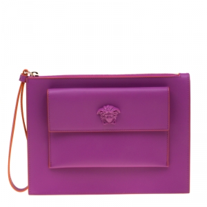 Pre Owned Versace Purple Leather Wristlet Clutch