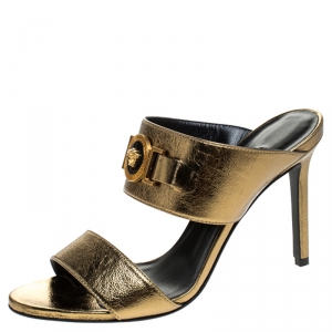 Versace Metallic Gold Leather Icon Medusa Mule Sandals Size 37