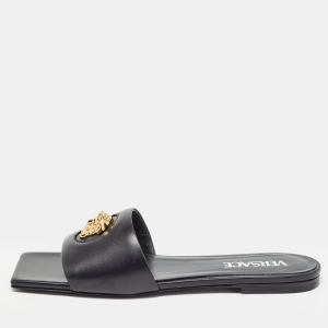 Versace Black Leather Medusa Logo Embellished Flat Slides Size 37