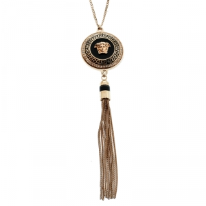 Gianni Versace Vanitas Crystal Enamel Medusa Gold Tone Tassel Pendant Necklace 