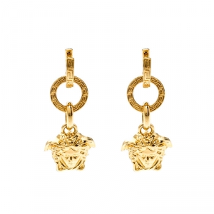 Versace Medusa Gold Tone Dangle Earrings