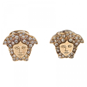 Versace Medusa Crystal Studded Gold Tone Clip-on Stud Earrings 