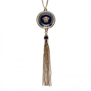 Versace Medusa Crystal Enamel Tassel Pendant Gold Tone Necklace