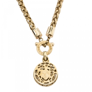 Versace Gold Tone Crystal and Medusa Charm Woven Chain Toggle Necklace 