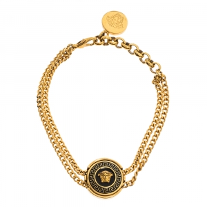 Versace Medusa Enamel Gold Tone Round Charm Chain Bracelet