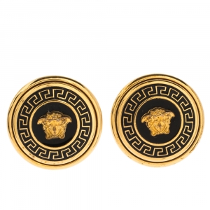 Versace Medusa Black Enamel Gold Tone Round Stud Earrings