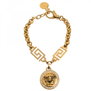Versace Crystal Medusa Medallion Greca Gold Tone Chain Bracelet