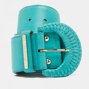 Versace Blue Turquoise Leather and Canvas Woven Buckle Belt 85CM
