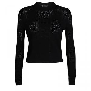 Pre Owned Versace Black Greco Perforated Knit Long Sleeve Crop Top M