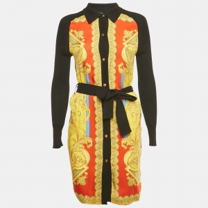 Pre Owned Versace Black/Yellow Barocco Print Silk and Rib Knit Cardigan XS