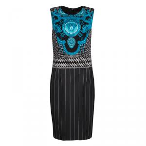Pre Owned Versace Black and Blue Medusa Print Pinstriped Sleeveless Dress M