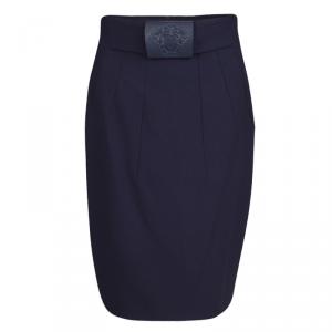 Versace Navy Blue Wool Medusa Leather Patch Detail Pencil Skirt M